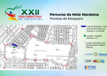 Mapa com o percurso e vias que serão fechadas para passagem dos atletas na Meia Maratona do Tocantins. Foto: (Seju / Governo do Tocantins)